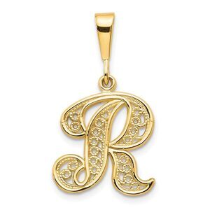14k Yellow Gold, Maci Collection, LG Filigree Script Initial R Pendant